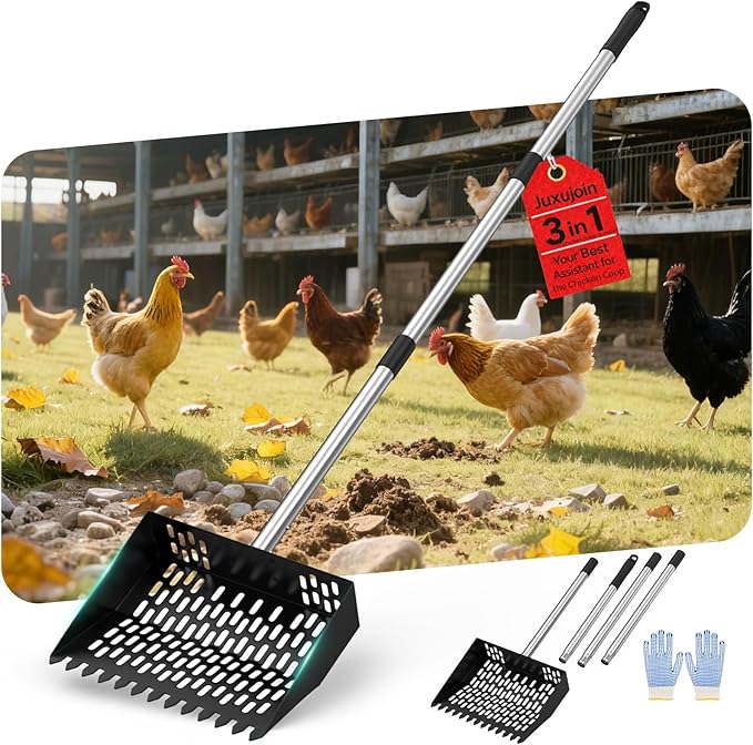 Chicken Poop Scooper for Sand,Coop Scoop 3 IN 1 Rake Function【Fine Sieve Holes】【Adjustable Stainless handle 24 to 68"】Metal Cat Litter Scoop, No Hole Shovel Side Scooper Chicken Poop Scooper for Sand