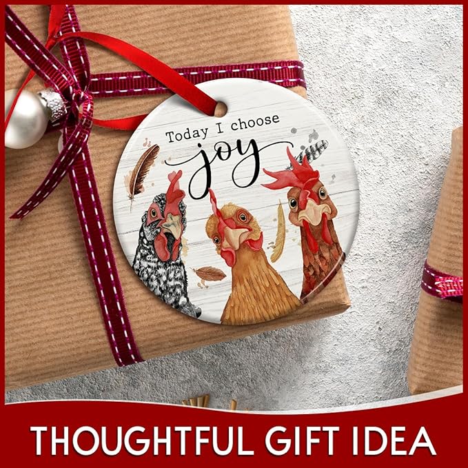 Chicken Christmas Hanging Ornaments, Rooster Gifts for Farmer, Girl, Women & Chicken Lovers, Farmhouse Christmas Decorations - 'Today I Choose Joy' Gift to Decor Chicken Coop