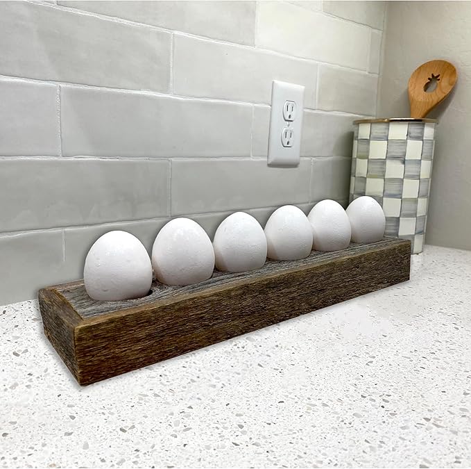 BarnwoodUSA Countertop Egg Holder - Reclaimed Wood Tray Holds 6 Farm Fresh Eggs, Compatible With All Types, Weathered Gray
