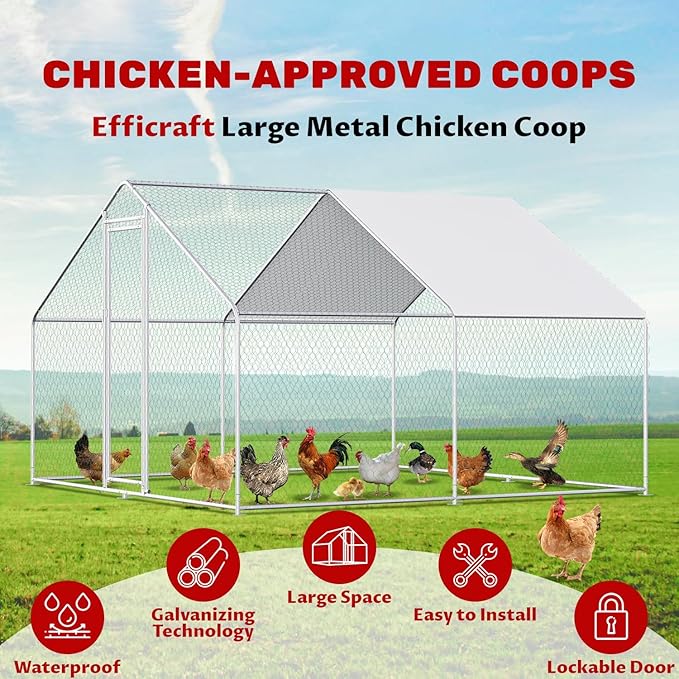 Large Metal Chicken Coop Walk-in Poultry Cage Chicken Run Pen Rabbit Duck House with Waterproof and Anti-UV Cover for Outdoor Farm Use