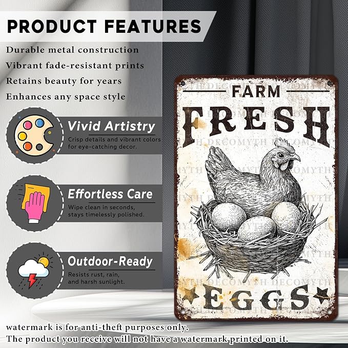 Vintage Chicken Coop Tin Sign Farm Fresh Eggs Retro Chicken Hen Rooster Metal Poster Funny Pet Lovers Wall Art Accessories for Coop Shop Bar Farmhouse Garden Plaque Farm 12 * 8inch