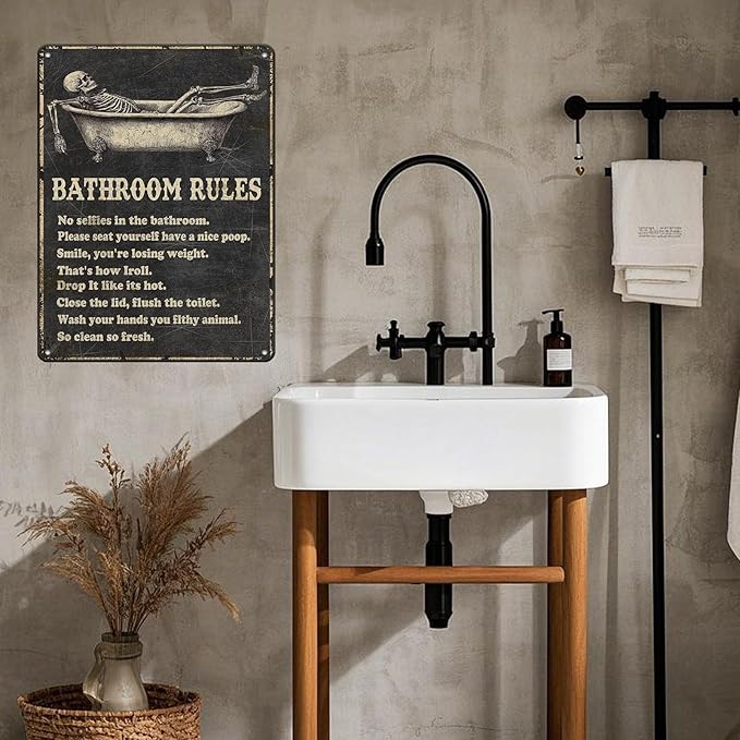 Funny Skull Bathroom Rules Metal Tin Sign Wall Decor - Vintage Bathroom Quote Tin Sign for Toilet Restroom Washroom Home Decor 12x16 Inch