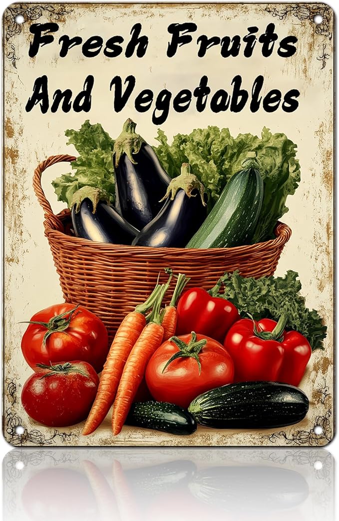 Vegetable Wall Decor Fresh Fruits And Vegetables Metal Tin Sign 12x16 Inch Funny Farmer's Market Tin Poster Retro Home Kitchen Garden Yard Restaurant Wall Decor