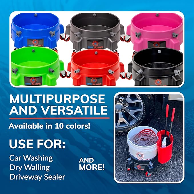 Grit Guard Bucket Dolly with Wheels - Rolling Detailing Wash Bucket with 5 Wheels and 2 Locking Casters Compatible with 2.5, 4, 5 and 6 Gallon Buckets (Green, 3" Red Casters)