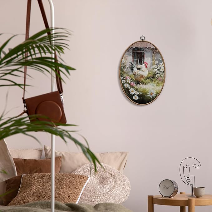 Yorhifa Vintage Farmhouse Rooster Framed Wall Art, Rustic Cottagecore Chicken Oval Wall Art, Country Daisy Floral Oval Walls Decor, Countryside Farm Animal Canvas Artwork Hanging Decor, 8.5x11.5in
