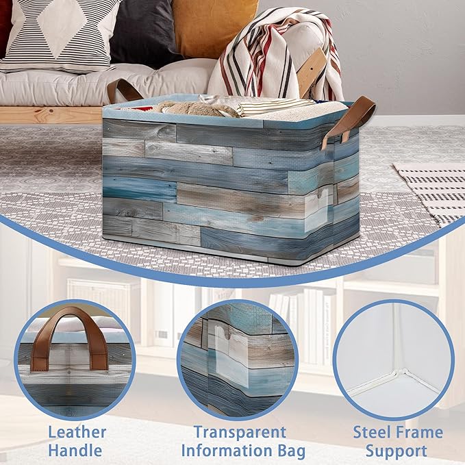 Vintage Wood Grain Storage Baskets,Barn Wooden Foldable Large Capacity Organizer Bins with Waterproof Lining and Leather Handles for Closet,Shelf,Bedroom 17x11.5x10Inch