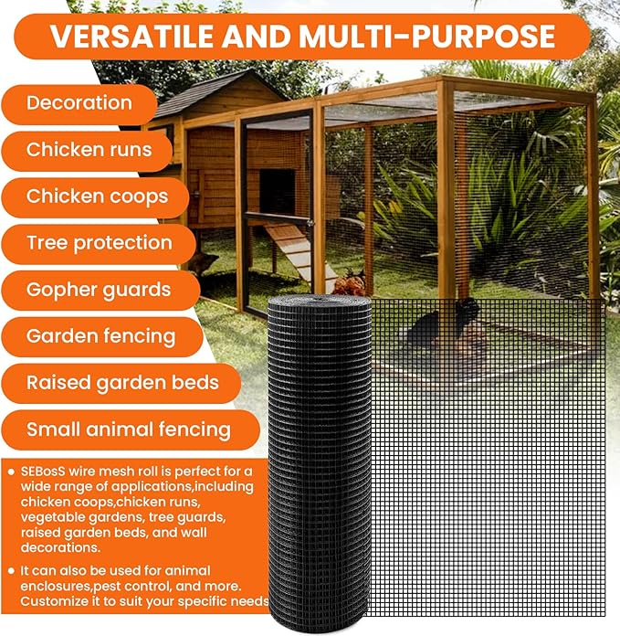 Hardware Cloth 1/2 inch 48 x 50 ft 19 Gauge, Vinyl Coated Black Hardware Cloth, Welding Chicken Wire Wesh, Chicken Wire Fencing, Wire Fence Roll for Home and Garden Projec