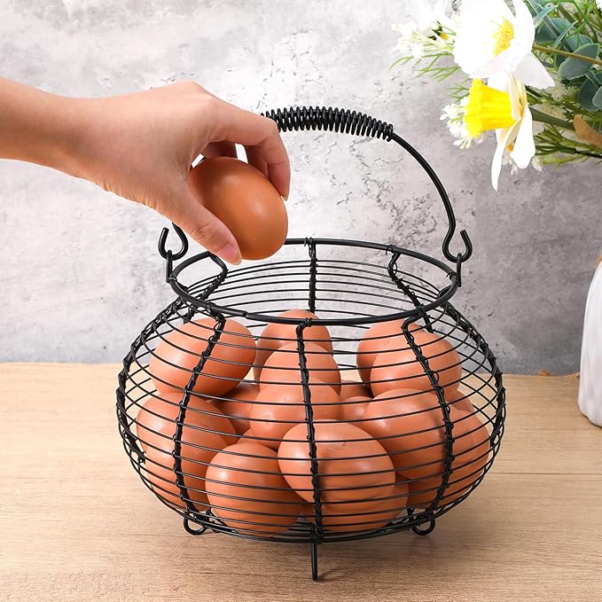 Egg Basket for Gathering Fresh Eggs, Retro Handle Egg Gathering Baskets, Round Wire Egg Basket, Chicken Eggs Baskets for Farmhouse