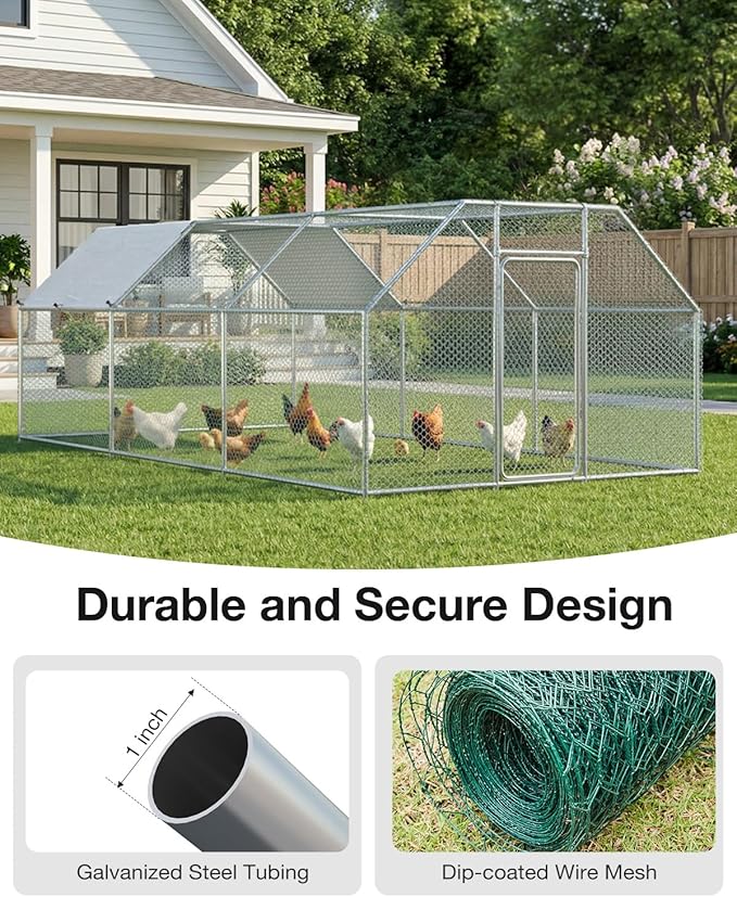 Esright Extra Large Metal Chicken Coop Run for Yard with Cover, 19.5x10x6.4 FT Walk-in Chicken Pen for Outdoor, Backyard, and Farm, Hen Cage House Suitable for 15-20 Chickens and Other Poultry