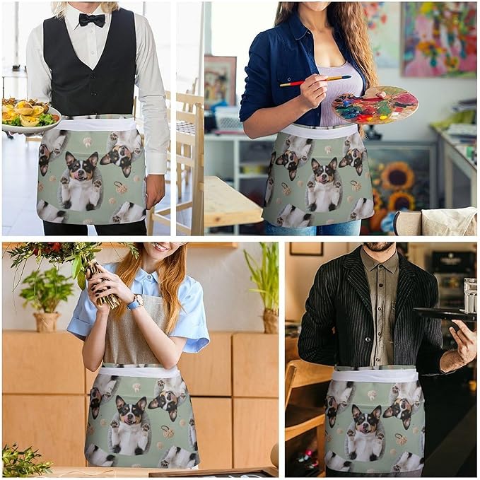 Unisex Apron for Cooking Server Waitress Half Waist Apron with 3 Pockets