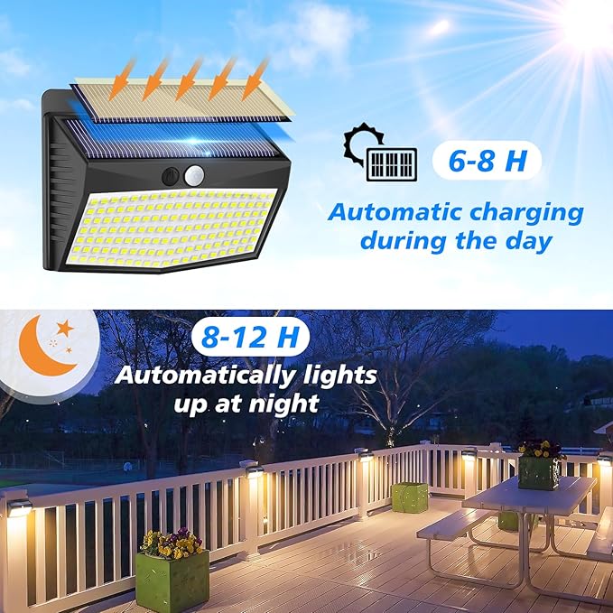 Solar Motion Sensor Outdoor Lights [138 LED/2 Packs] Solar Security Light Outdoor with 3 Lighting Modes Solar Powered Lights Waterproof for Outside Wall Garden Fence Backyard Deck, Warm White