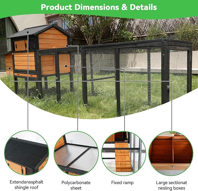 113" Large Chicken Coop with Run, Outdoor Wooden Hen Duck House with Nesting Box, Waterproof Asphalt Roof and Pull-Out Tray, Poultry Bunny Quail Cage Rabbit Hutch with Ventilated Window, Brown+Black