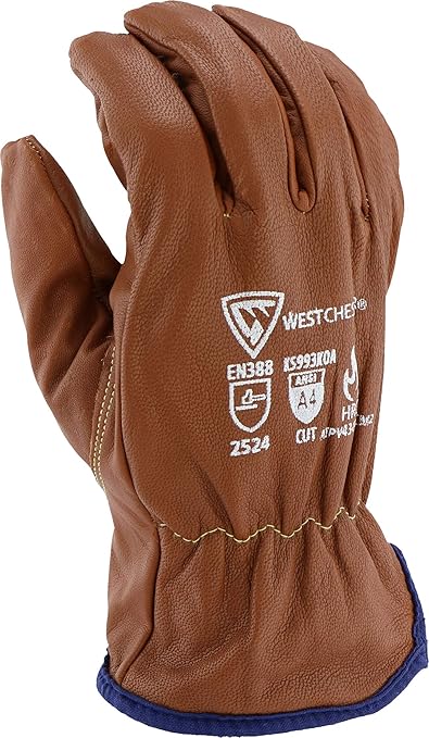 West Chester KS993KOA Goat Work Gloves – Brown, Large, 10.5 in., Arc Flash Leather Driver Gloves with Cut Resistant Lining, Oil Armor Finish