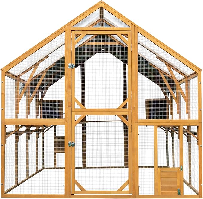 KEIKI 110"L Outdoor Large Chicken Coop with Waterproof Cover, Roosting Platform, Wire Mesh & 2 Lift Small Doors with Locks, Wood Chicken Coop House with Run for Cat Kitten Playpen, Duck, Rabbit, Quail