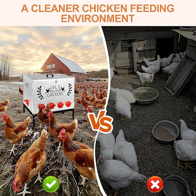 Chicken Feeder Metal, 95LB Large Chicken Feeder with 10 No Waste Feeding Ports, Galvanized Chicken Feeders with 4 Adjustable Legs & Locking Lid