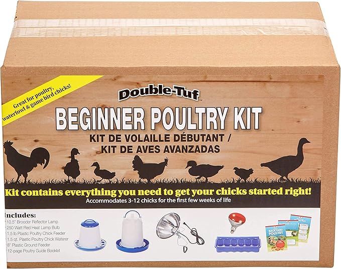 Double-Tuf® Chicken and Poultry Starter Kit | Heat Lamp, Light Bulb, Feeders, Waterer, and Guide Book for Backyard Outdoor Chick Farmers | Backyard Chicken Beginner Supply Kit