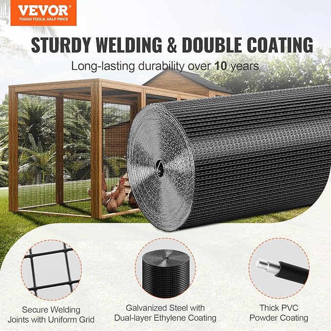 VEVOR Hardware Cloth, 24'' x 100' 1/2 inch Galvanized Wire Mesh Roll, 19 Gauge Chicken Wire Fencing Roll, Vinyl Metal Wire Mesh for Chicken Coop Barrier, Rabbit Snake Fences, Poultry Enclosures