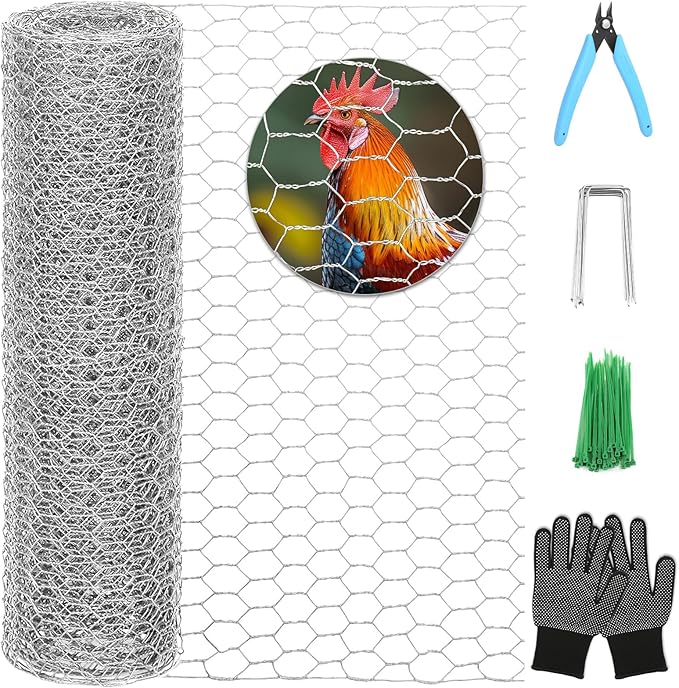 Floral Chicken Wire for Craft, 15.7 Inch x 10 FT Lightweight Galvanized Hexagonal Chicken Wire Netting, Silver Chicken Wire Fence for Garden Poultry Chicken Wire Mesh with Gloves, Wire Ties, Plier