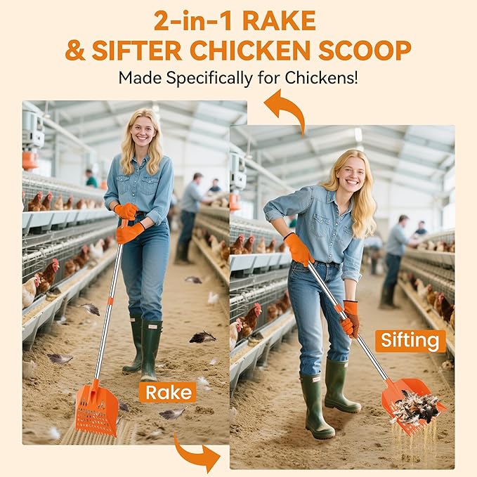 Chicken Poop Scooper with Rake - Lightweight Chicken Poop Shovel for Small Farm Animals - Sand Sifting Shovel with Adjustable Long Handle (38-67'') - Easy to Use for Women & Seniors (Orange)