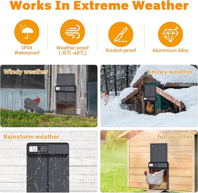 Automatic Chicken Coop Door, Electric Chicken Coop Door Battery Powered with Timer LCD Screen, Anti-Pinch Running Automatic Chicken Coop Door, Aluminum IPX4 Waterproof Auto Chicken Coop Door