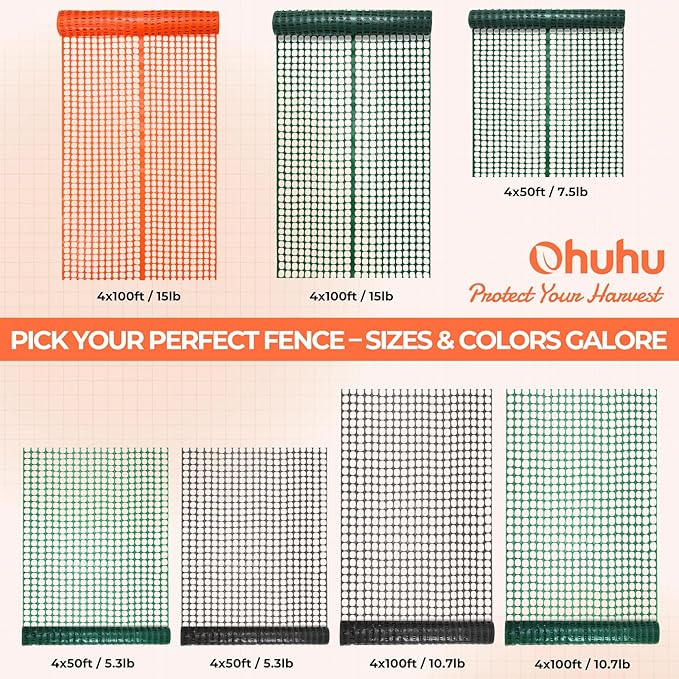 Ohuhu Plastic Garden Fence Safety Fence, 4'x100'/15LB Heavy Duty Reusable Netting Plastic Mesh Fence Roll, Temporary Fencing for Animal Barrier Pool Fence Snow Fencing for Poultry Rabbits Chicken Dogs