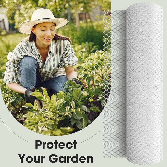 Unves Plastic Mesh Wire, 15.7IN x 16.4FT Plastic Chicken Wire Fencing Roll, Hexagonal Garden Fencing Netting for Garden Beds Dogs Cat Animal Barrier, Outdoor Yard Floral Poultry Netting Roll, White