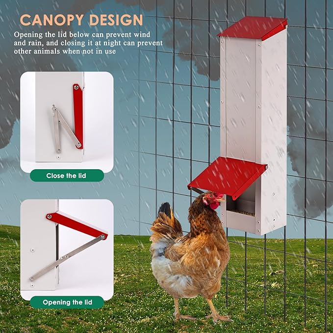 Galvanized Chicken Feeder Hanging Chicken Coop Feeder Automatic Gravity Feeder Outdoor Weatherproof Metal Poultry Feeder with Lid Holds 8Lbs of Feed, No Waste Design