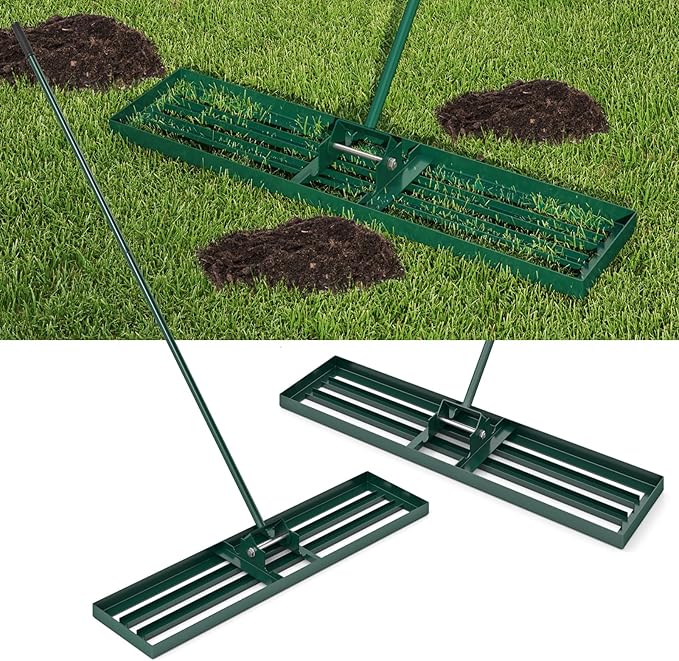 Happygrill Lawn Leveling Rake, Heavy Duty Lawn Level Tool for Soil w/67” Handle, Dirt Ground Leveler, Effort-Saving Landscape Rake for Garden, Backyard, Golf Course, Farm, Pasture (42" x 10", Green)