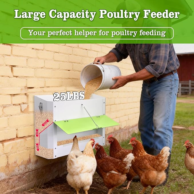 25lb Automatic Chicken Feeders Metal Poultry Feeders Wall Mount No Waste, with Secure Locking Lid, No Assembly Required, Lid Hanging Chicken Feeder Trough for Quail Chickens Ducks Feeder