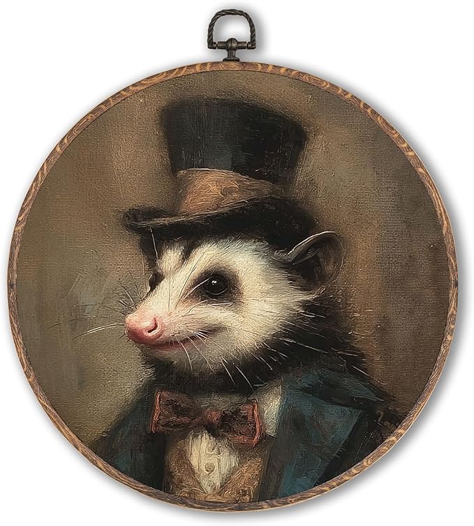 Hxlac Vintage Opossum Round Wall Art Framed, Dark Moody Opossum Round Wall Decor, Rustic Farm Animal Hanging Canvas Prints Wall Sculptures for Home Living Room Bedroom Decor, 10x10 Inch