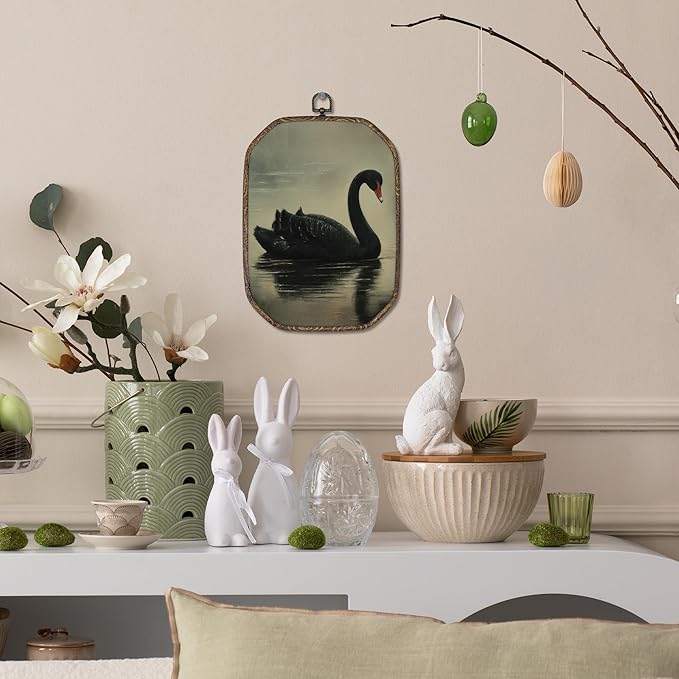 Yorhifa Vintage Black Swan Framed Wall Art, Antique Black Swan Oval Wall Art, Rustic Elegant Animal Oval Walls Decor, Retro Moody Canvas Artwork Hanging Decor, 7x10.2in