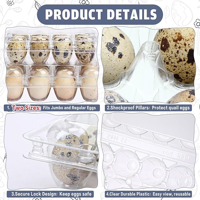 60 Pcs Quail Egg Cartons Combo, 12 Grids Clear Egg Cartons Clear Plastic Stackable Trays – Fit Both Standard & Jumbo Quail Eggs Also for Pigeon Small Poultry Ideal for Home Farm Market Use