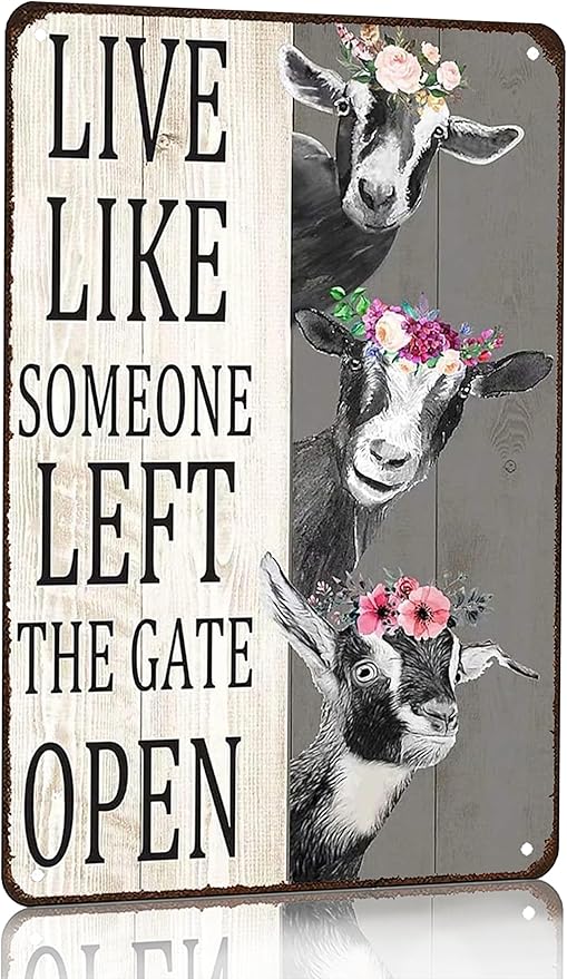 Goat Gifts Vintage Goat Decor Sign Live Like Someone Left The Gate Open Tin Sign for Home Farm Fence Kitchen Bathroom Bedroom Wall Decor 8x12 Inches (3198)