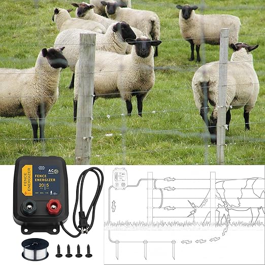 PE5 Electric Fence Energizer and 17 Gauge Spool Aluminum Wire Livestock Fence Chargers for Containing Pets and Preventing Wild Animals Intruding (0.20 Joule,20 Acres)