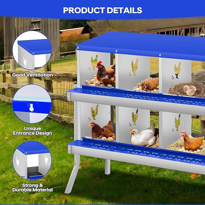 8-Hole Chicken Nesting Box, Rustproof Galvanized Steel, Wall-Mounted Metal Laying Box for Hens, Easy Egg Collection & Cleaning, Roll Away Nest Boxes - Blue