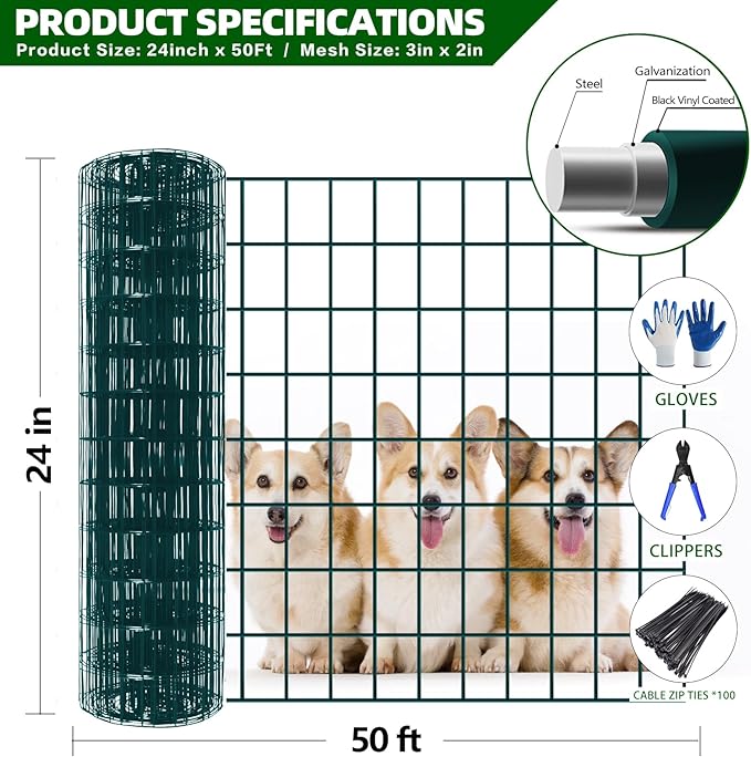 Welded Wire Fence, 50ft(L) x 24inch(H) Garden Fence for Dog, 2 Inch x 3 Inch 16GA Fencing for Chicken, PVC Coated Anti-Rust Roll Metal Wire Mesh Fence for Yard Vegetable, Green