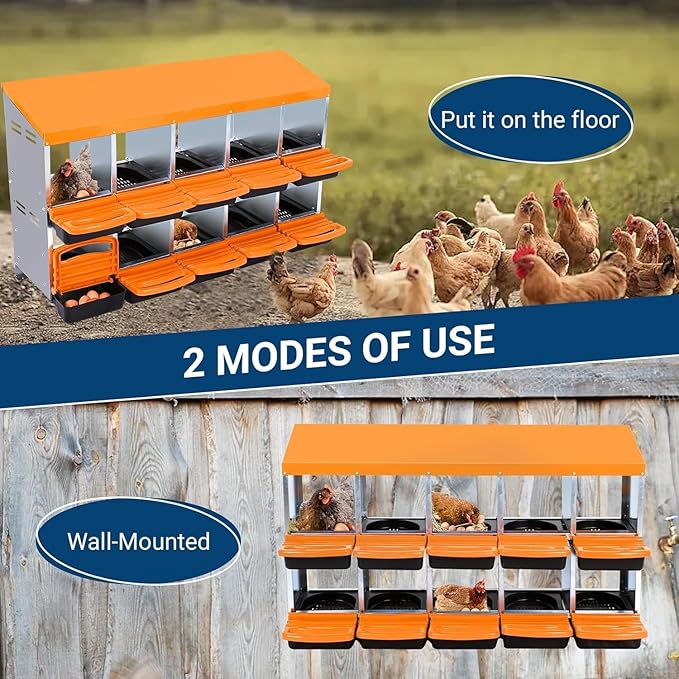 Chicken Nesting Box,10 Hole 2 Layer Hen Nest Boxes, Roll-Away Egg Collection System with Ventilation Holes，Rustproof Plastic Tray & Keyhole Mounting, Chicken Laying Box