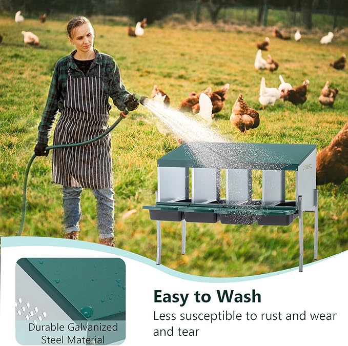 Chicken Nesting Box for Laying Eggs - 4 Room Chicken Laying Boxes, Nesting Boxes for Chickens, Heavy Duty Metal Chicken Coop, 42.12" L x 12.99" W x 31.88" H
