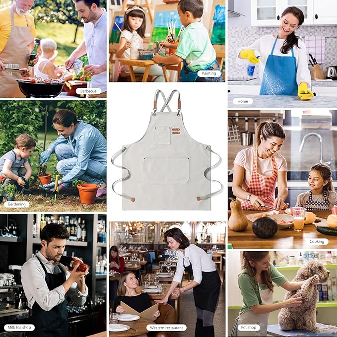 Unisex Aprons with Large Pockets,Cotton Canvas Cross Back Heavy Duty Adjustable Work Apron,Size Kids to Adult
