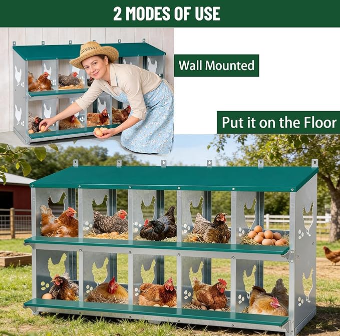 Garvee Large Metal Chicken Nesting Boxes for Hens, 10 Compartment Galvanized Steel Nesting Box, Includes 4 Fake Eggs & 10 Soft Nest Pads, Wall Mount or Freestanding for Coop & Farm
