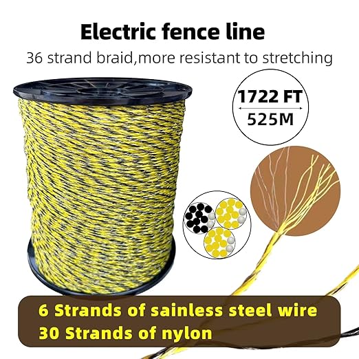 Upgraded Electric Fence Polywire 1722 Feet 525 Meters, 6 Stainless Steel Strands for Reliable Conductivity and Rust Resistance, Easy to Install,Portable Electric Fencing,Yellow and Black Color