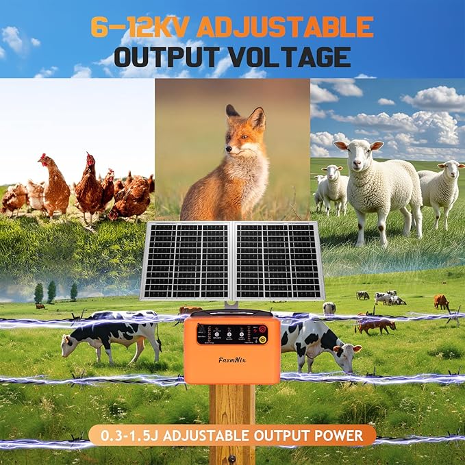 30 Miles Solar Electric Fence Charger for Livestock,6-12KV Adjustable Output Solar Charger,1.5J Fence Charger,15W Solar Powered Electric Fence Kit for Garden,24H Uninterrupted Protection