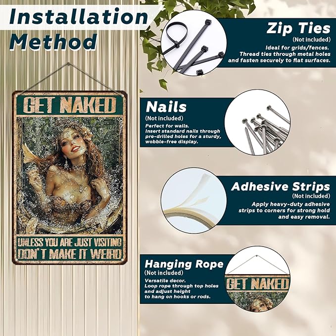 Mermaid Metal Sign Vintage Mermaid Bathroom Wall Art Decor Get Naked Unless You Are Just Visiting Don't Make It Weird Bathroom Accessories Tin Poster Home Toilet Cafe Office Decor 12x8 Inch