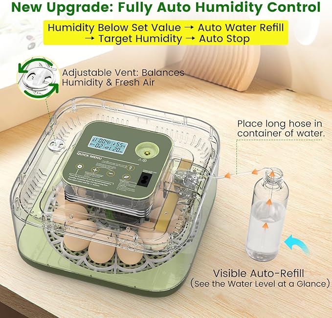 12 Egg Incubator with Automatic Turning, Auto Water Refill & Temp/Humidity Control, Plus Hatching Guide, Digital Hatcher for Chicken, Duck, Quail, Pigeon Eggs & More