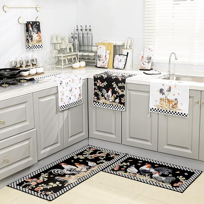 10 Pcs Rooster Kitchen Dish Towels Rugs Oven Mitts and Pot Holders Set Farmhouse Kitchen Decor Set for Women Mom Daughter Gift Cooking Baking Grilling (Vintage Black White)