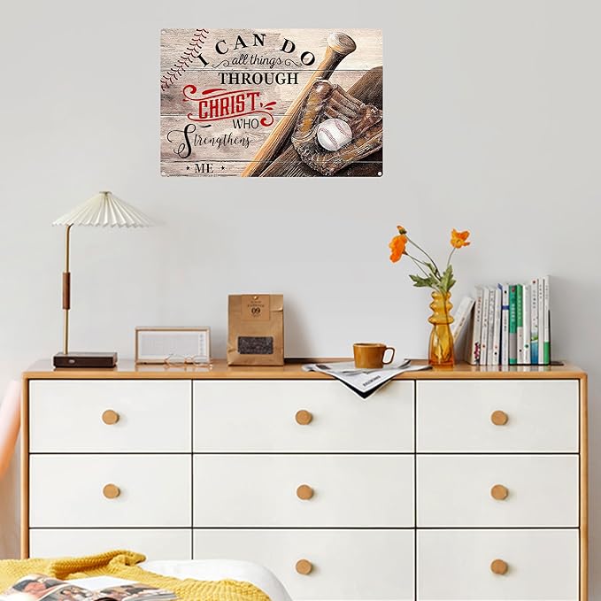 Funny Baseball Metal Poster for Boys Bedroom-I Can Do All Things Through Christ Who Strengthens Me Baseball Signs,Baseball Room Decor,Baseball Tin Sign Gifts Baseball Wall Art Decorations 8x12 Inch