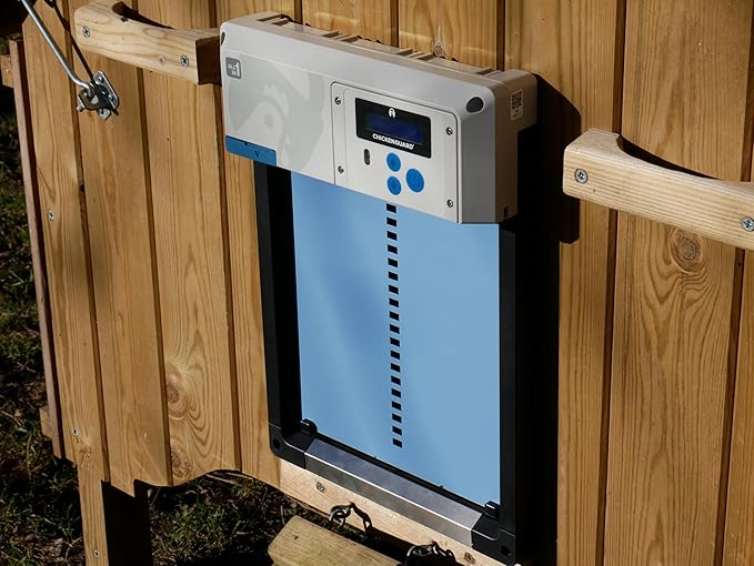 Automatic Chicken Coop Door Opener, ChickenGuard One in All 4 Colours, Timer/Light Sensing, Winter Mode, Auto-Stop & Predator Proof, 3 Power Options, Solar, Battery or Electric (Blue + Batteries)