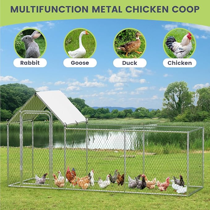 Large Metal Chicken Coop, Chicken Run for Yard with Waterproof and Anti-UV Cover, Walk-in Chicken House for 8/10 Chickens, Rabbits Duck Outdoor Farm Yard
