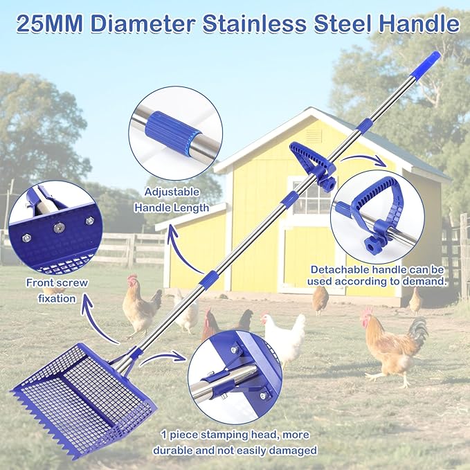 Metal Pooper Scooper for Large Dogs & Chicken Coop - Heavy Duty Long Handle Dog Poop Scoop with Sifting Shovel, Adjustable Rake for Yard, Gravel & Kennel Cleaning, Rust-Proof Stainless Steel