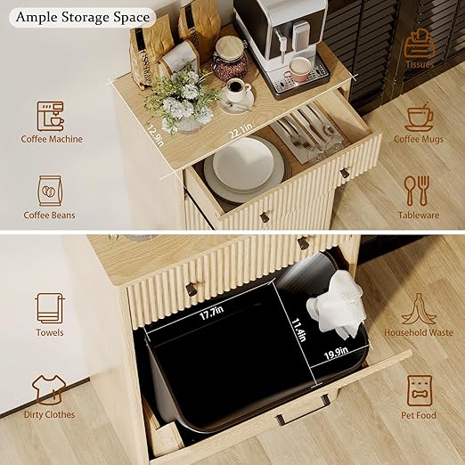 Single 10 Gallon Wood Grain Tilt-Down Trash Can Cabinet with Storage Drawer,Wood Grooved Recycling Cabinet with Wave Texture Hidden Pull-Out Trash Can for Kitchen,Bathroom (Trash Can Cabinet-Wood)